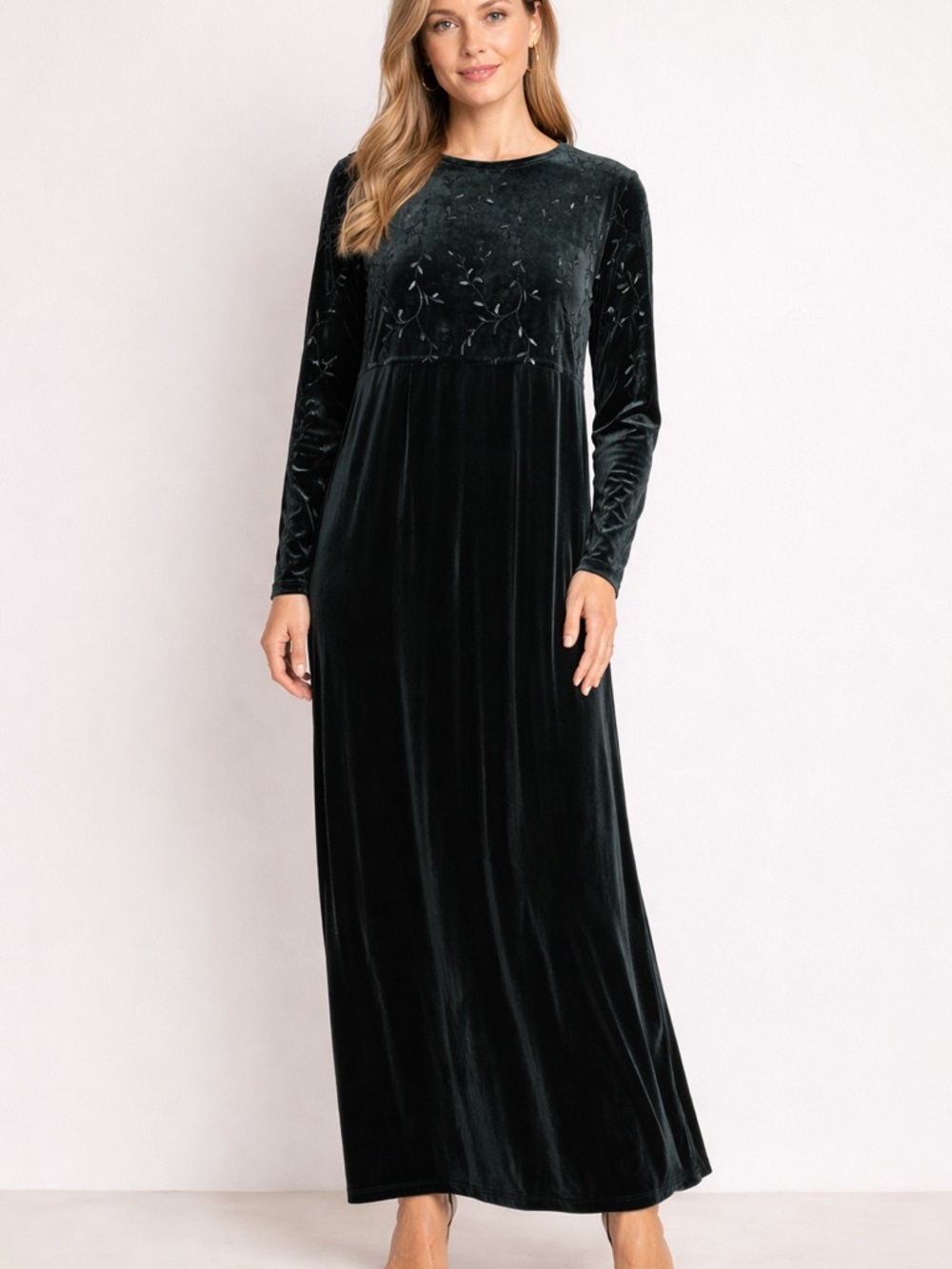 Velvet Embroidered Leaf Deep Dark Forest Green Maxi Length Dress Cute Size Large